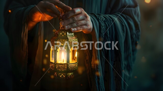 تحف و فوانيس اسلامية للاحتفال بقدوم شهر الخير، ديكورات وأنوار في الأجواء الرمضانية الروحانية ,صورة مقربة ليد رجل يحمل فانوس معدني تقليدي مزخرف مضيء, إضاءة وزينة رمضان المبارك