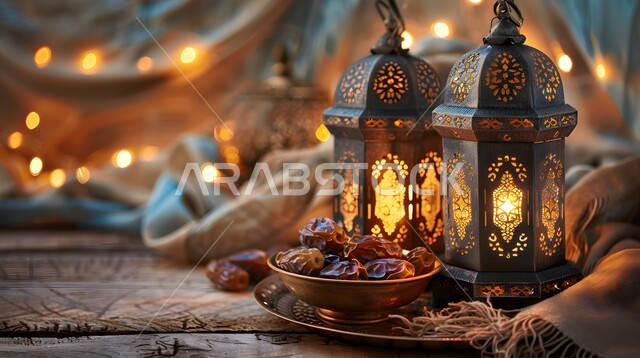 إضاءة وزينة رمضان المبارك ,ديكورات وأنوار في الأجواء الرمضانية الروحانية, زوج من المصابيح العربية التقليدية المعدنية المزخرفة المضيئة مع طبق من التمور, فوانيس و تحف اسلامية للاحتفال بقدوم شهر الخير