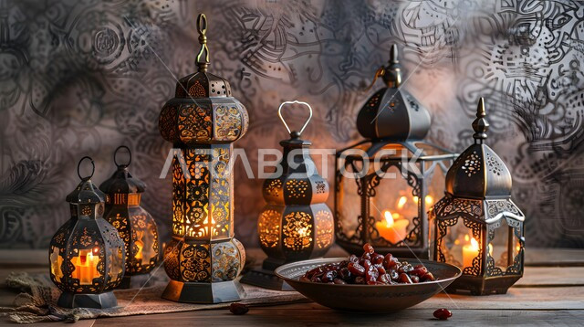 مجموعه من المصابيح العربية التقليدية المعدنية المزخرفة المضيئة, فوانيس و تحف اسلامية للاحتفال بقدوم شهر الخير، إضاءة وزينة رمضان المبارك، ديكورات وأنوار في الأجواء الرمضانية الروحانية