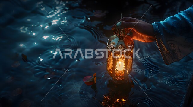 فوانيس و تحف اسلامية للاحتفال بقدوم شهر الخير، ديكورات وأنوار في الأجواء الرمضانية الروحانية ,صورة مقربة ليد رجل يحمل فانوس معدني تقليدي مزخرف مضيء, إضاءة وزينة رمضان المبارك