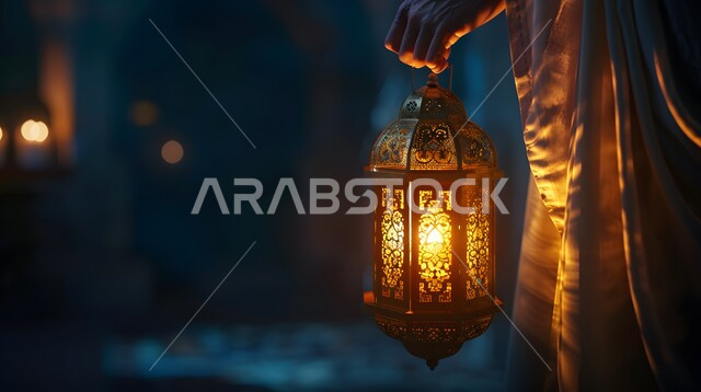 ديكورات وأنوار في الأجواء الرمضانية الروحانية ,صورة مقربة ليد رجل يحمل فانوس معدني تقليدي مزخرف مضيء, فوانيس و تحف اسلامية للاحتفال بقدوم شهر الخير، إضاءة وزينة رمضان المبارك