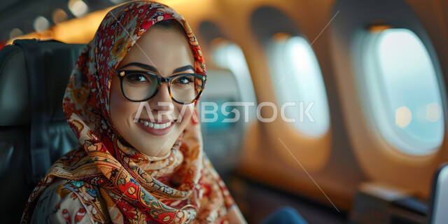 النظر الى الكاميرا بإيماءات الفرح و السرور، صورة مقربة لسيدة خليجية عربية سعودية محجبة ترتدي النظارة الطبية تجلس في مقصورة الطائرة، رحلات جوية سياحية ، خطوط الطيران السعودية، مفهوم السياحة والسفر