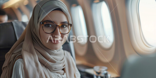 النظر الى الكاميرا بإيماءات الفرح و السرور، صورة مقربة لسيدة خليجية عربية سعودية محجبة ترتدي النظارة الطبية تجلس في مقصورة الطائرة، رحلات جوية سياحية ، خطوط الطيران السعودية، مفهوم السياحة والسفر