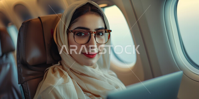 النظر الى الكاميرا بإيماءات الفرح و السرور، صورة مقربة لسيدة خليجية عربية سعودية محجبة ترتدي النظارة الطبية تجلس في مقصورة الطائرة، رحلات جوية سياحية ، خطوط الطيران السعودية، مفهوم السياحة والسفر