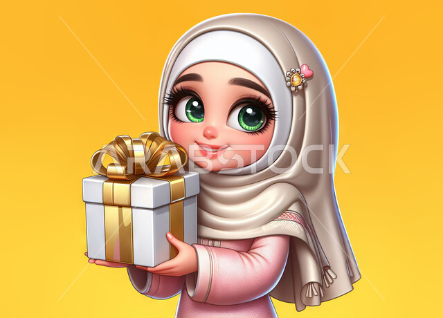 تقديم الهدايا في المناسبات والأعياد، صورة مقربة لرسم توضيحي ثلاثي الأبعاد لفتاة عربية خليجية سعودية محجبة ترتدي العباءة تحمل بيدها علبة مغلفة, النظر الى الكاميرا إيماءات الفرح والسرور، خلفية صفراء