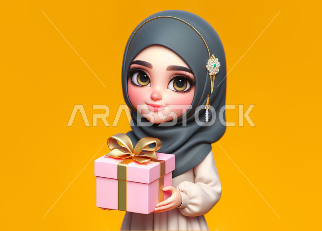 تقديم الهدايا في المناسبات والأعياد، صورة مقربة لرسم توضيحي ثلاثي الأبعاد لفتاة عربية خليجية سعودية محجبة ترتدي العباءة تحمل بيدها علبة مغلفة, النظر الى الكاميرا إيماءات الفرح والسرور، خلفية صفراء