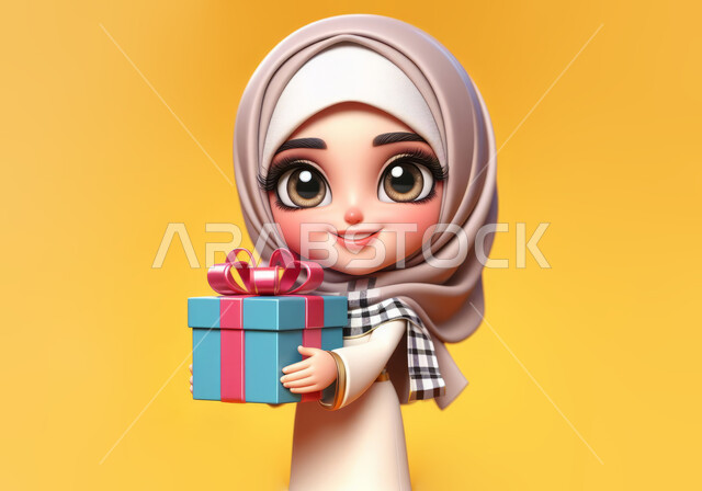 تقديم الهدايا في المناسبات والأعياد، صورة مقربة لرسم توضيحي ثلاثي الأبعاد لفتاة عربية خليجية سعودية محجبة ترتدي العباءة تحمل بيدها علبة مغلفة, النظر الى الكاميرا إيماءات الفرح والسرور، خلفية صفراء