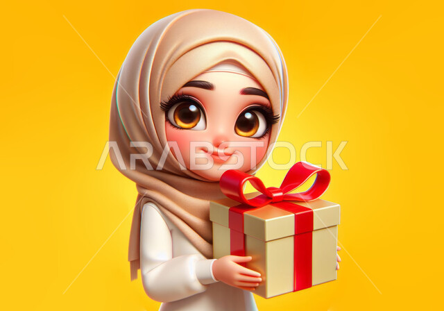 تقديم الهدايا في المناسبات والأعياد، صورة مقربة لرسم توضيحي ثلاثي الأبعاد لفتاة عربية خليجية سعودية محجبة ترتدي العباءة تحمل بيدها علبة مغلفة, النظر الى الكاميرا إيماءات الفرح والسرور، خلفية صفراء