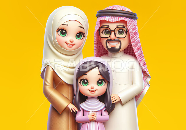 العلاقات الأسرية الناجحة والسعيدة, رسم توضيحي ثلاثي الأبعاد لعائلة عربيه سعوديه خليجيه مبتسمة تعانق بعضها تنظر الى الكاميرا بإيماءات الحب والحنان, الاستمتاع بقضاء أوقات ممتعة مع الأبناء بأجواء هادئة، خلفية صفراء