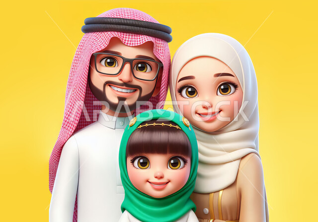 العلاقات الأسرية الناجحة والسعيدة, رسم توضيحي ثلاثي الأبعاد لعائلة عربيه سعوديه خليجيه مبتسمة تعانق بعضها تنظر الى الكاميرا بإيماءات الحب والحنان, الاستمتاع بقضاء أوقات ممتعة مع الأبناء بأجواء هادئة، خلفية صفراء