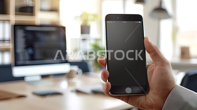 استخدام الأجهزة المحمولة والتقنيات الحديثة والمتطورة، صورة مقربة ليد تمسك الهاتف المحول محمول بشاشة سوداء فارغة امام مكتب العمل، مواكبة التطور والتقدم والمعاصرة