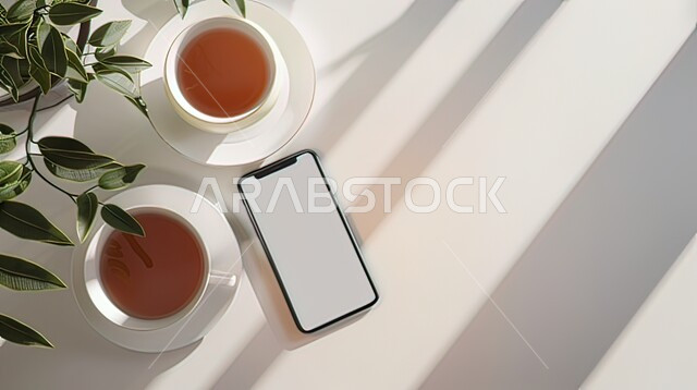  الاستمتاع بتناول وشرب المشروبات الساخنة، استخدام الأجهزة التقنية الحديثة، هاتف محمول بشاشة بيضاء فارغة على طاولة باللون الابيض في احدى مقاهي المملكة العربية السعودية، مواكبة التطور والتقدم