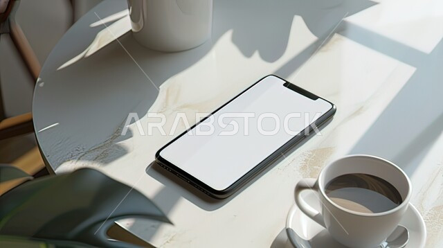 استخدام الأجهزة التقنية الحديثة، هاتف محمول بشاشة بيضاء فارغة على طاولة باللون الابيض في احدى مقاهي المملكة العربية السعودية، مواكبة التطور والتقدم، الاستمتاع بتناول وشرب المشروبات الساخنة