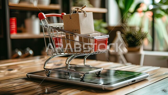 مواقع ومراكز التسوق والشراء الاونلاين، صورة مقربة لمجسمات صغيرة من عربة التسوق والكراتين المغلفة فوق جهاز التابلت اللوحي، مفهوم التسوق الالكتروني الآمن، عروضات وتخفيضات الجمعة البيضاء