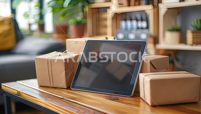عروضات وتخفيضات الجمعة البيضاء، مواقع ومراكز التسوق والشراء الاونلاين، صورة مقربة لجهاز التابلت اللوحي بين مجسمات صغيرة من الطرود والكراتين المغلفة، مفهوم التسوق الالكتروني الآمن