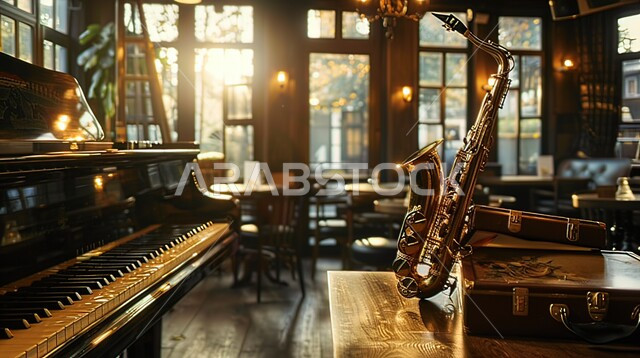 آلات موسيقية للعزف والاستمتاع بأوقات الفراغ، واجهات زجاجية ضخمة، شقق وفلل سكنية مريحة, تصاميم عصرية حديثة لأثاث منزلي راقي, الفن الهندسي الفاخر لغرفة معيشة بديكورات داخلية مزخرفه، طاولة بيانو خشبية