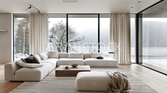 تصميم داخلي حديث لشقة سكنية، التصاميم والديكورات الداخلية لغرفة معيشة بأثاث منزلي راقي، اختيار الألوان المناسبة والتنسيق بين الأثاث والإكسسوارات، استخدام المفروشات ذو التصاميم العصرية