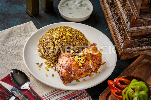 The art of cooking in restaurants in the Kingdom of Saudi Arabia, traditional traditional Saudi food, a dish of freekeh with fried chicken, Arab popular foods, delicious delicious food recipes, Saudi Arabian cuisine