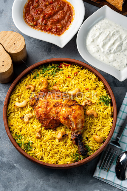أصالة وفن الطهي الخليجي الشهير, المأكولات العربية التقليدية الشعبية، طبق من أرز المندي مع الدجاج المشوي مع الكاري والمكسرات، وجبات المطبخ السعودي, وصفات طعام صحية شهية لذيذة