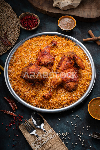 طبق من أرز المندي مع الدجاج المشوي بالتوابل الحارة والكاري، وصفات طعام صحية شهية لذيذة, وجبات المطبخ السعودي, فن الطهي الخليجي الشهير, المأكولات العربية التقليدية الشعبية