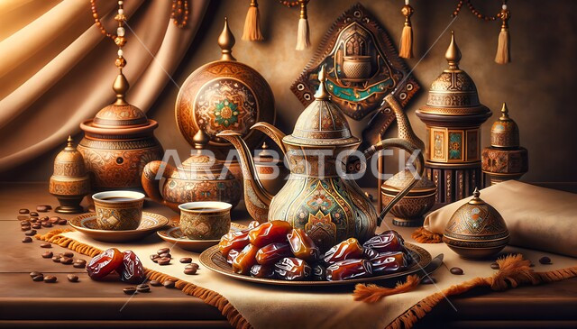 دلة قهوة عربية أصيلة بجانب طبق من التمر اللذيذ, أطباق عربية شهية, فخر المنتجات العربية الخليجية, منتج محلي وطني, عادات وتقاليد المجتمع السعودي في الضيافة وحسن الاستقبال