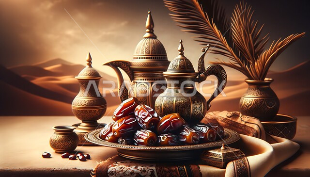 Dallah authentic Arabic coffee next to a plate of delicious dates, delicious Arabic dishes, the pride of Arab Gulf products, a national local product, customs and traditions of Saudi society in hospitality and good reception.