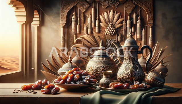 عادات وتقاليد المجتمع السعودي في الضيافة وحسن الاستقبال, دلة قهوة عربية أصيلة بجانب طبق من التمر اللذيذ, أطباق عربية شهية, فخر المنتجات العربية الخليجية, منتج محلي وطني