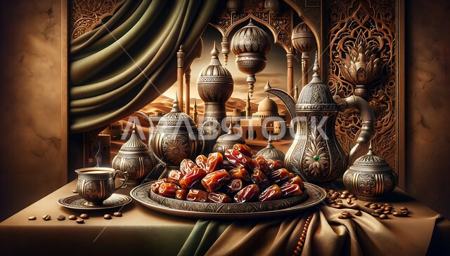 فخر المنتجات العربية الخليجية, منتج محلي وطني, عادات وتقاليد المجتمع السعودي في الضيافة وحسن الاستقبال, دلة قهوة عربية أصيلة بجانب طبق من التمر اللذيذ, أطباق عربية شهية