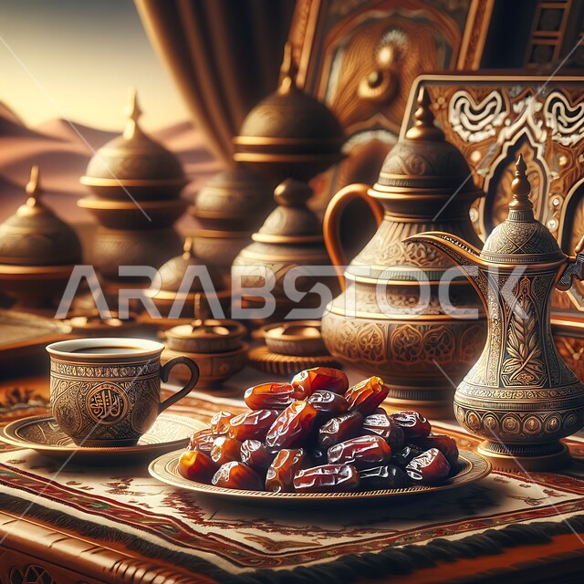عادات وتقاليد المجتمع السعودي في الضيافة وحسن الاستقبال, دلة قهوة عربية أصيلة بجانب طبق من التمر اللذيذ, أطباق عربية شهية, فخر المنتجات العربية الخليجية, منتج محلي وطني