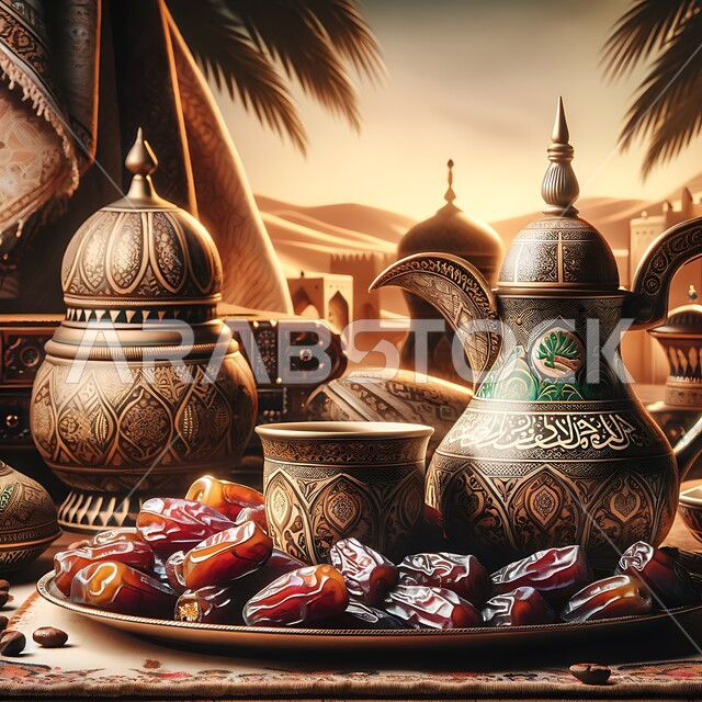 طبق من حبات التمر الخليجي الشهي بجانب دلة من القهوة العربية, أصالة العادات والتقاليد الأصيلة, الاستمتاع بالمشروبات الساخنة, منتجات محلية وطنية, كرم الضيافة وحسن الاستقبال في المملكة العربية السعودية
