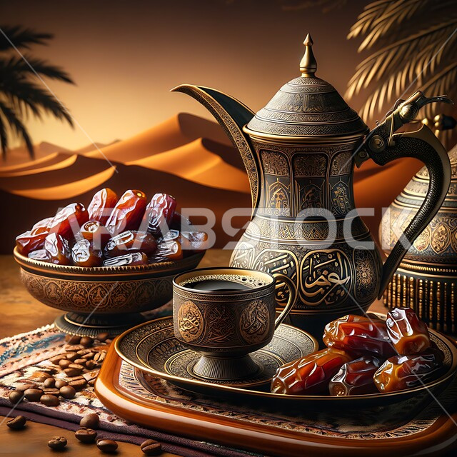 كرم الضيافة وحسن الاستقبال في المملكة العربية السعودية, طبق من التمر الخليجي الشهي بجانب دلة من القهوة العربية, أصالة العادات والتقاليد الأصيلة, الاستمتاع بالمشروبات الساخنة, منتجات محلية وطنية