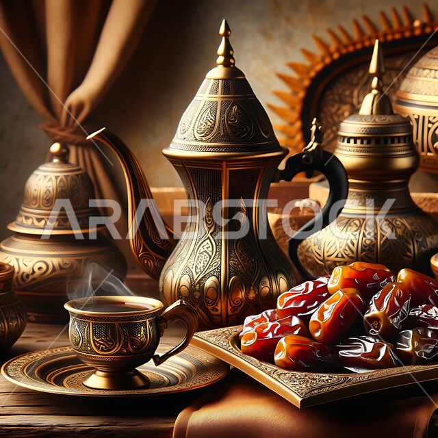 طبق من حبات التمر الخليجي الشهي بجانب دلة من القهوة العربية, أصالة العادات والتقاليد الأصيلة, الاستمتاع بالمشروبات الساخنة, منتجات محلية وطنية, كرم الضيافة وحسن الاستقبال في المملكة العربية السعودية
