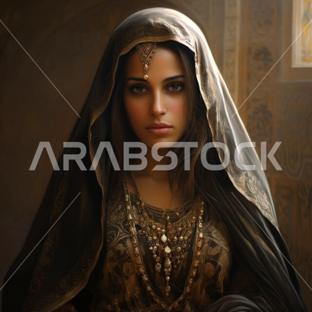 The concept of softness and femininity, a close-up image of a Saudi Gulf Arab woman wearing accessories and traditional clothes, interest in elegance and external appearance, looking at the camera with gestures of self-confidence.