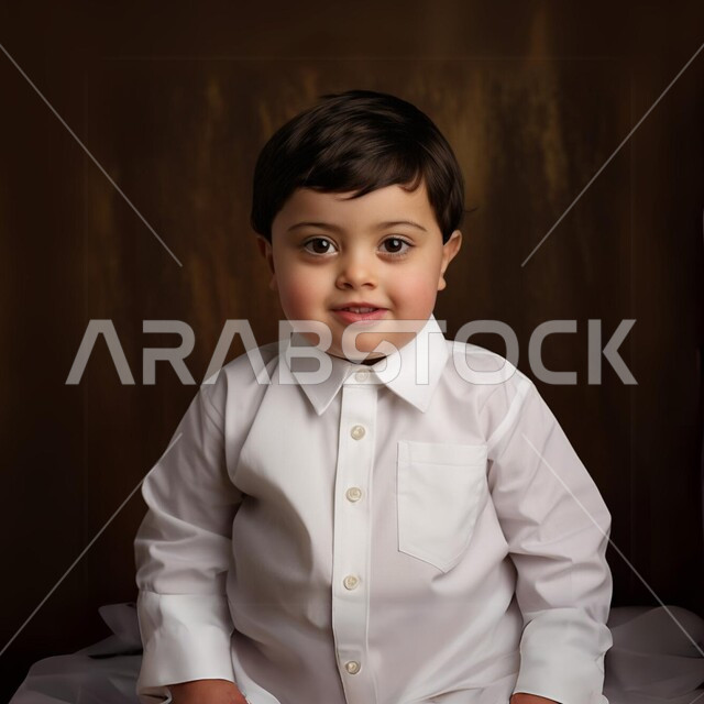 الإهتمام بالمظهر الخارجي للأطفال، صورة مقربة لطفل عربي خليجي سعودي مبتسم يرتدي الثوب التقليدي ينظر إلى الكاميرا بإيماءات البراءة والطفولة، التقاط الصور الشخصية للوثائق الرسمية