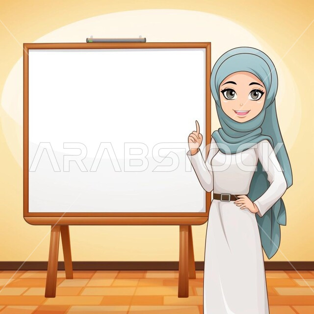 رسوم توضيحيه ثلاثية الابعاد لمعلمه عربيه خليجية سعودية مججبه تقف بجانب سبورة بيضاء في الفصل، مفهوم الشرح والتدريس ، جودة  التعليم  في السعوديه