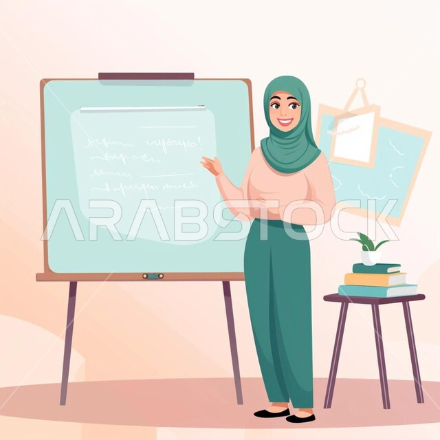 مفهوم الشرح والتدريس ، رسوم توضيحيه ثلاثية الابعاد لمعلمه عربيه خليجية سعودية مججبه تقف بجانب السبورة في الفصل، جودة  التعليم  في السعوديه