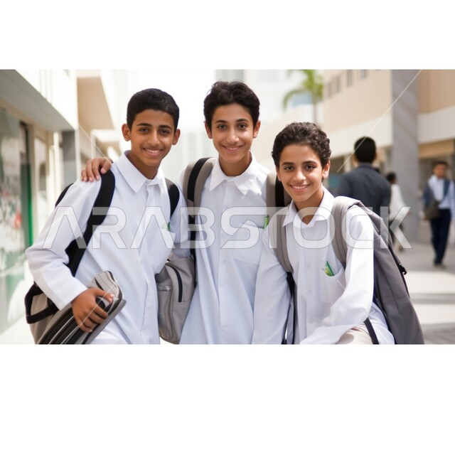النظر الى الكاميرا بايماءات السعادة للعودة الى المدرسة، طلاب عرب خليجيون سعوديون يرتدون الثوب التقليدي وحقيبة الظهر المدرسية، المدارس والجامعات في المملكة العربية السعودية