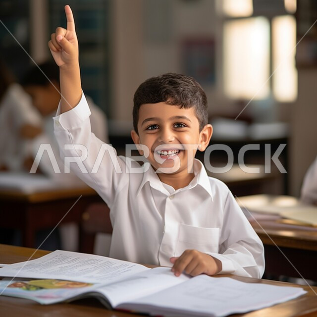 المشاركة والتفاعل داخل الفصل الدراسي، طالب عربي خليجي سعودي يرتدي الثوب التقليدي يرفع يده للإجابة، التربية والتعليم بالمناهج المقررة للطلاب في المملكة العربية السعودية 