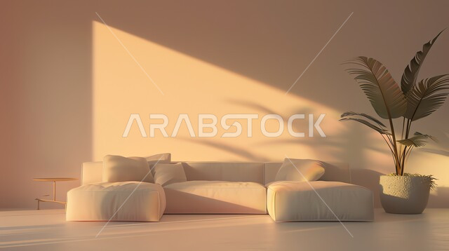 Living rooms with modern, luxurious interior designs and decorations, indoor ornamental plants, a modern room illuminated by sunlight reflecting on the walls, sophisticated and comfortable home furniture, a modern living room with a white sofa.