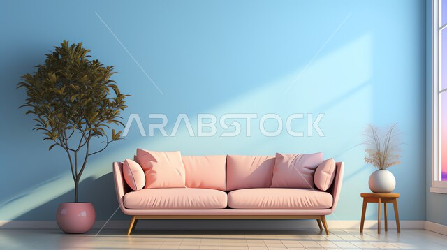 غرفة جلوس عصرية مع أريكة وردية، تحف واكسسوارات وأثاث منزلي راقي، الاهتمام بنبات الزينة المنزلي، غرف معيشه بتصاميم وديكورات داخلية حديثه فاخرة، خلفية جدار أزرق