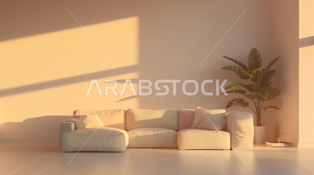 نبات الزينة المنزلي، غرفة حديثة مضيئة بأشعة الشمس المنعكسة على الجدران، أثاث منزلي راقي ومريح، غرف معيشه بتصاميم وديكورات داخلية حديثه فاخرة، غرفة جلوس عصرية مع أريكة بيضاء