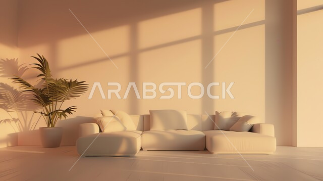 غرفة جلوس عصرية مع أريكة بيضاء، غرف معيشه بتصاميم وديكورات داخلية حديثه فاخرة، نبات الزينة المنزلي، غرفة حديثة مضيئة بأشعة الشمس المنعكسة على الجدران، أثاث منزلي راقي ومريح