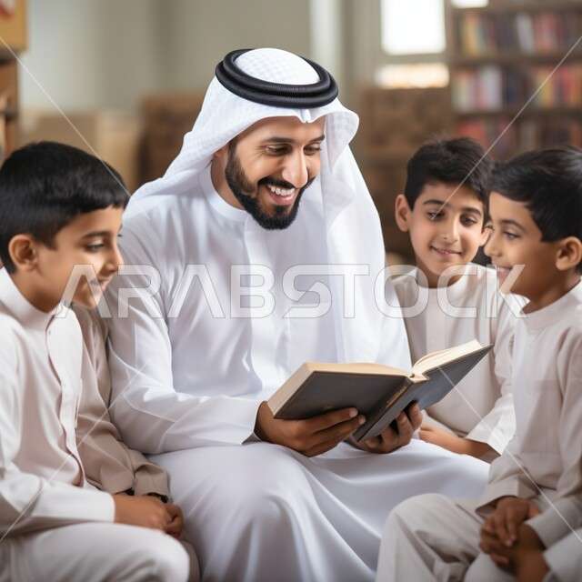 تعزيز تلاوة وحفظ كتاب الله، رجل عربي خليجي سعودي يرتدي الثوب والغترة التقليدية يحمل بيده القرآن الكريم يقوم بتعليم الأولاد ويشرح لهم معاني الآيات الكريمة، الفطرة السليمة والصحيحة، جلسات دينية إسلامية في مساجد السعودية