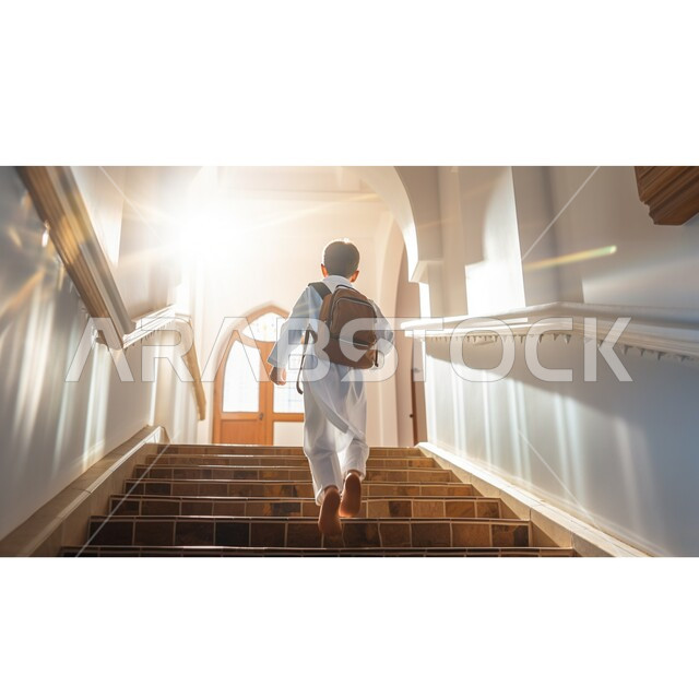 التعليم في المملكة، مدارس متطوره حديثه في السعوديه، صورة من الخلف لتلميذ عربي خليجي سعودي يرتدي الثوب التقليدي ويحمل حقيبة الظهر المدرسية يقوم بالصعود على السلم في مبنى المدرسة، ايماءات السير والتوجه الى الفصل الدراسي