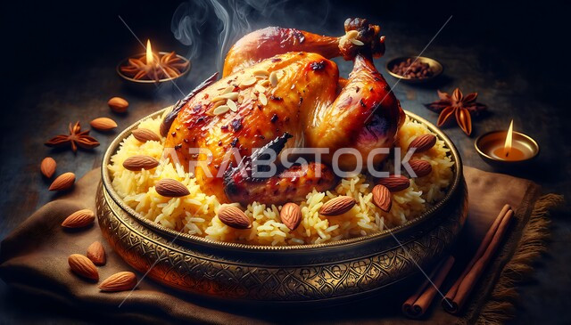 طبق من أرز المندي مع الدجاج المشوي المزين بالمكسرات، فن اعداد وتقديم الأطباق، المأكولات العربية التقليدية الشعبية، وجبات من المطبخ السعودي، وصفات طعام صحية شهية