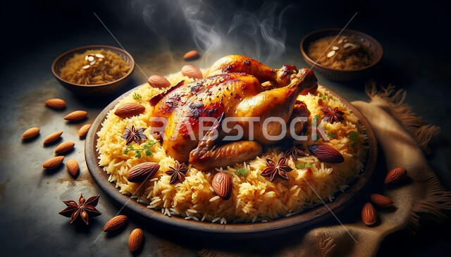 فن اعداد وتقديم الأطباق، المأكولات العربية التقليدية الشعبية، طبق من أرز المندي مع الدجاج المشوي المزين بالمكسرات، وجبات من المطبخ السعودي، وصفات طعام صحية شهية