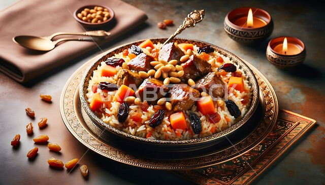 وجبات من المطبخ السعودي، طبق من الكبسة مع اللحم الطري المزين بالمكسرات، فن اعداد وتقديم الأطباق، المأكولات العربية التقليدية الشعبية، وصفات طعام صحية شهية