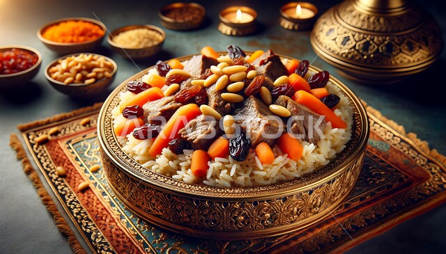 طبق من الكبسة مع اللحم الطري المزين بالمكسرات، فن اعداد وتقديم الأطباق، المأكولات العربية التقليدية الشعبية، وجبات من المطبخ السعودي، وصفات طعام صحية شهية