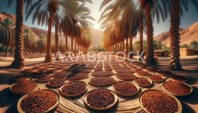 مجموعة من التمور المصفوفة على حصائر منسوجة تحت أشجعة الشمس، واحة صحراوية محاطة بأشجار النخيل، عملية تجفيف التمر، منتج وطني محلي سعودي