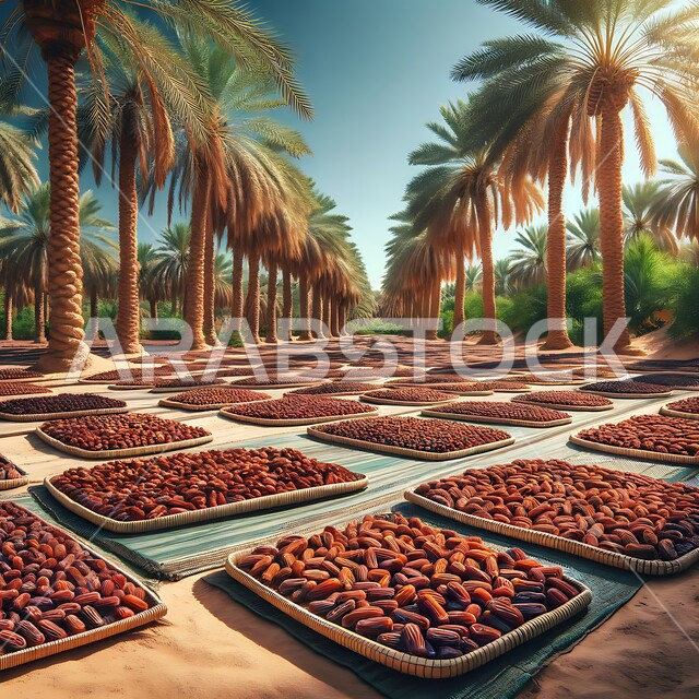 عملية تجفيف التمر، مجموعة من التمور المصفوفة على حصائر منسوجة تحت أشجعة الشمس، واحة صحراوية محاطة بأشجار النخيل، منتج وطني محلي سعودي